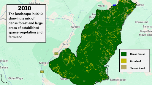 Map from 2010 showing dense forest, farmland, and cleared land in green, yellow, and brown. Includes text on landscape changes.