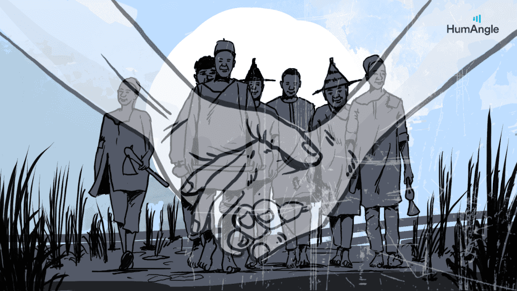 Illustration of diverse group walking forward, overlapped by two hands clasped together, symbolizing unity and cooperation.
