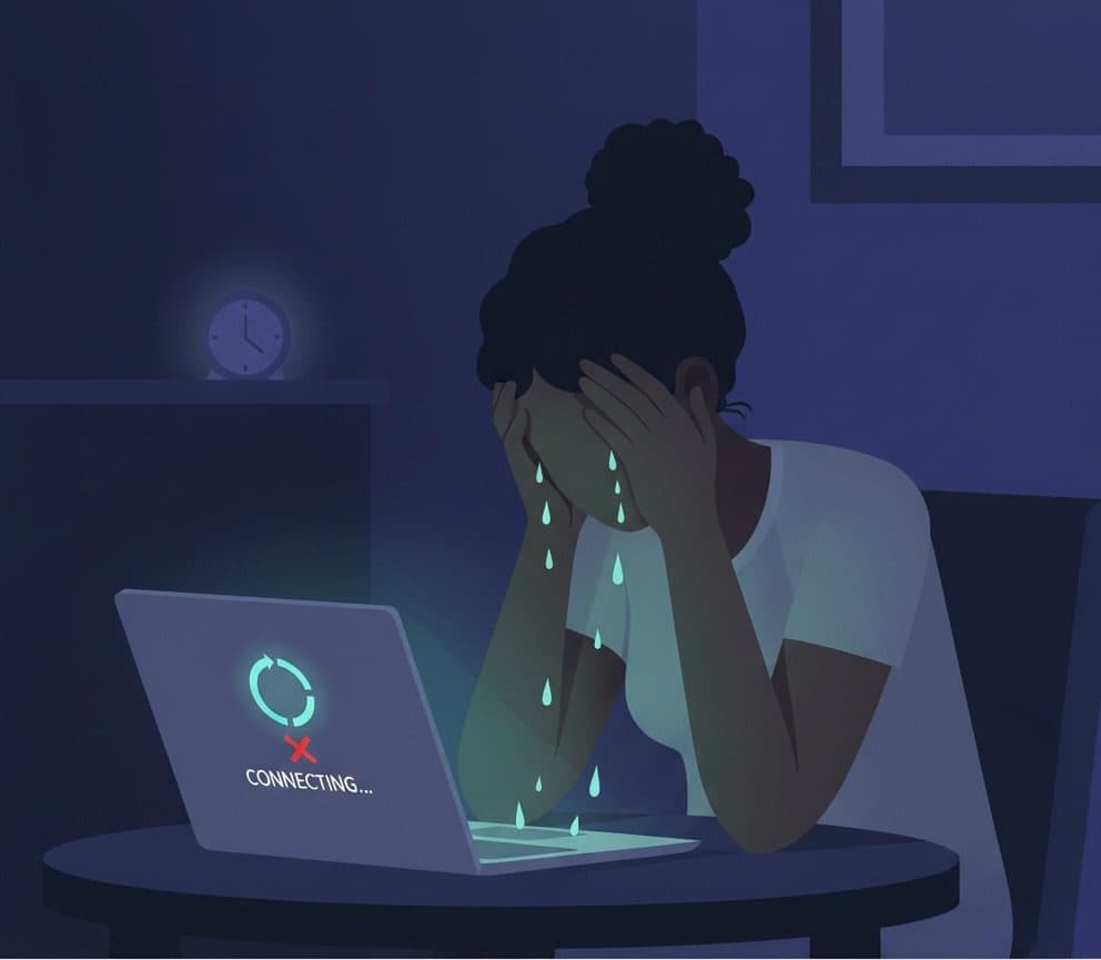 Person sitting at a table, laptop screen showing "connecting" message, holding head in frustration with tears falling.