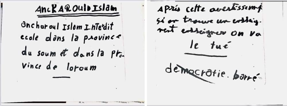 Handwritten French text with warnings about schools being forbidden and mentioning consequences for educators, with "démocratie" crossed out.