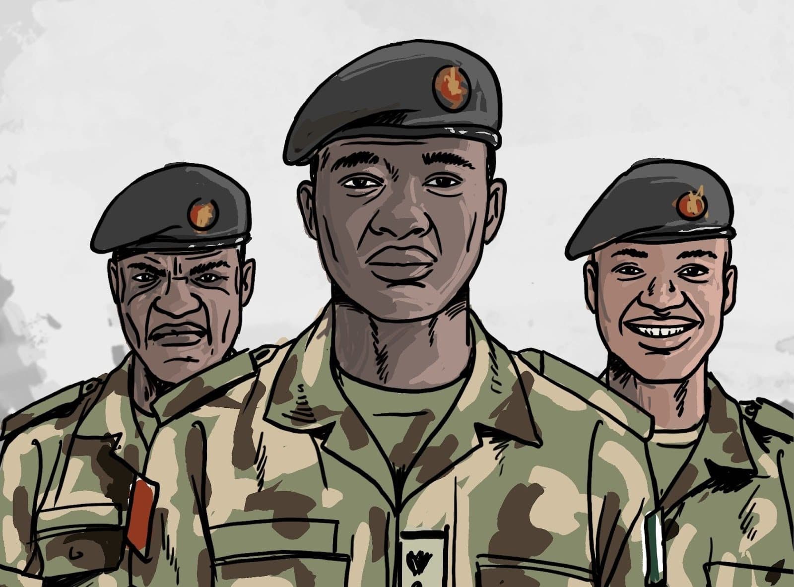 Three soldiers in camouflage uniforms and berets stand side by side, with different expressions.