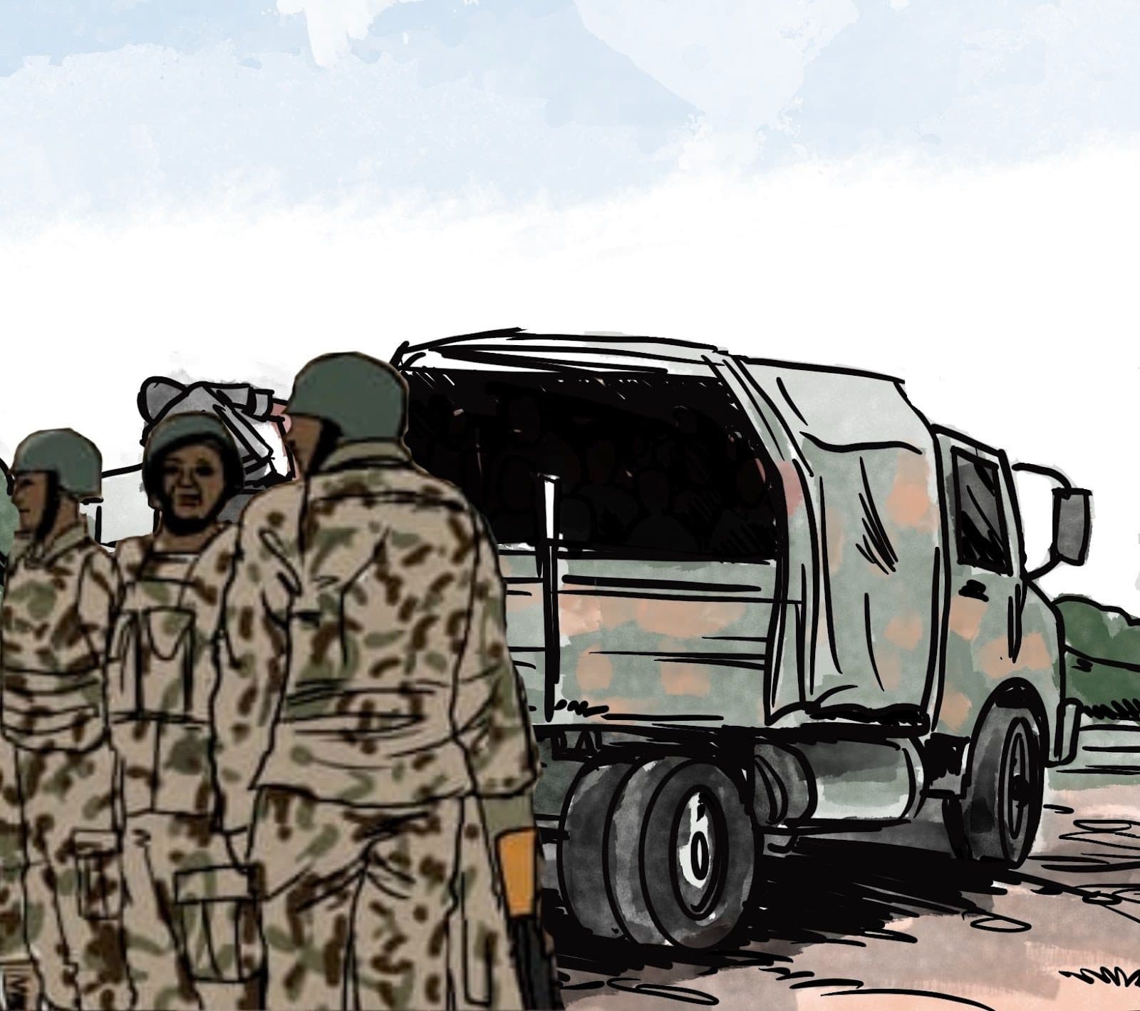 Soldiers in camouflage stand near a military truck with a covered cargo area under a blue sky.