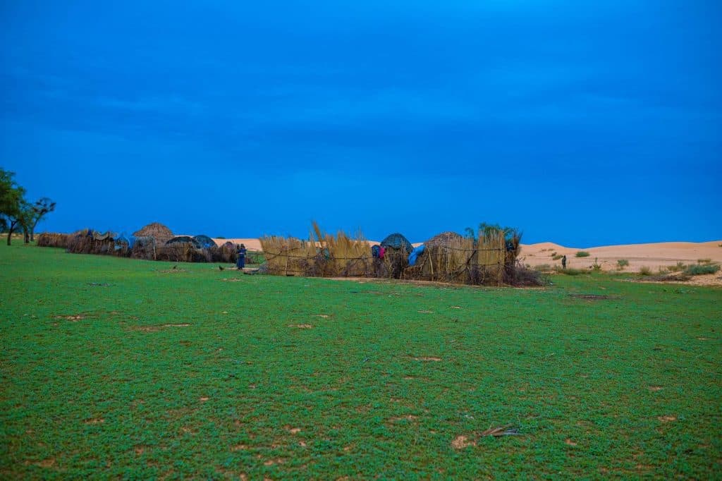 Small huts on a lush green field under a vivid blue sky, with sand dunes in the background.