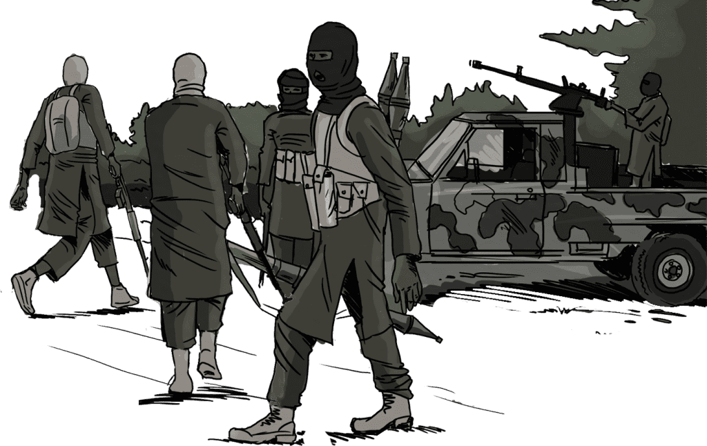 Illustration of armed men in masks and tactical gear near a camouflaged vehicle with a mounted weapon.