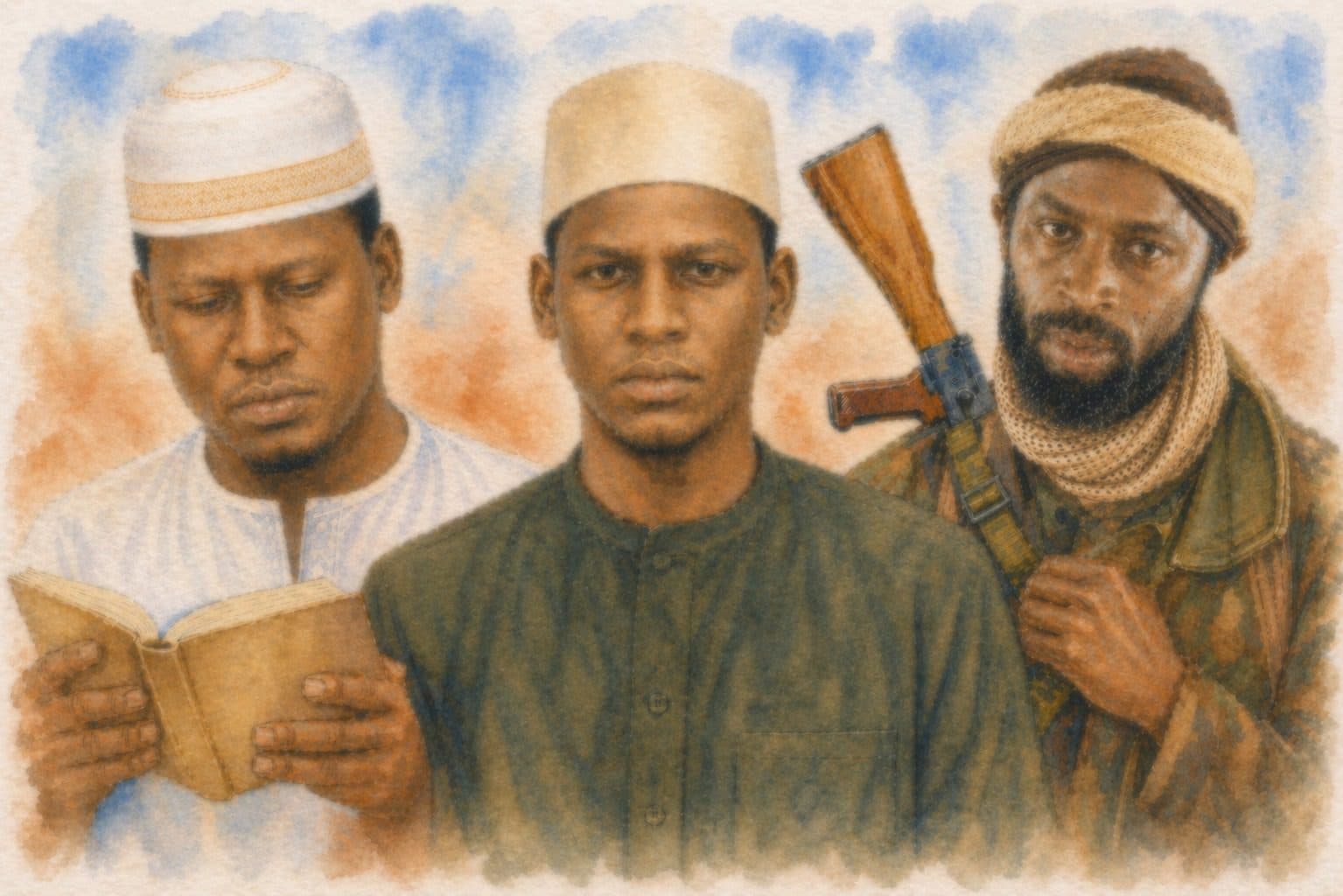 Three men in traditional attire: one reading, one looking forward, one with a rifle slung over his shoulder. Abstract background.