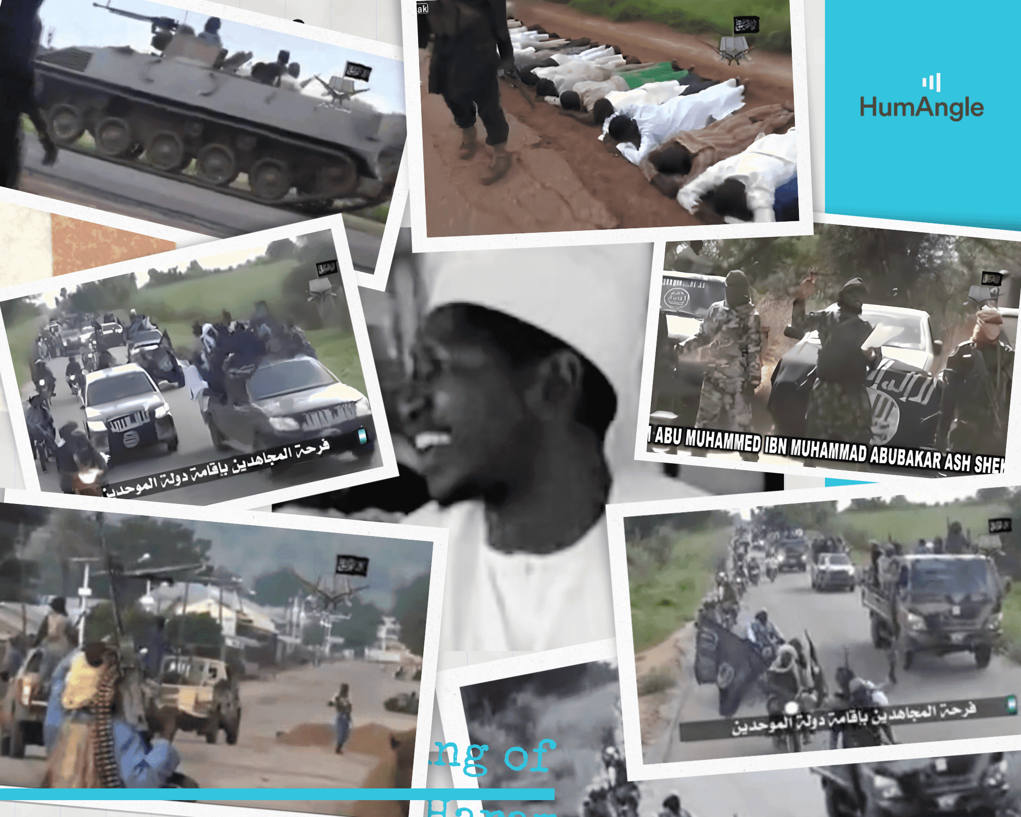 Collage of military vehicles, armed individuals, and people on the ground in conflict scenes with text overlays in a foreign language.