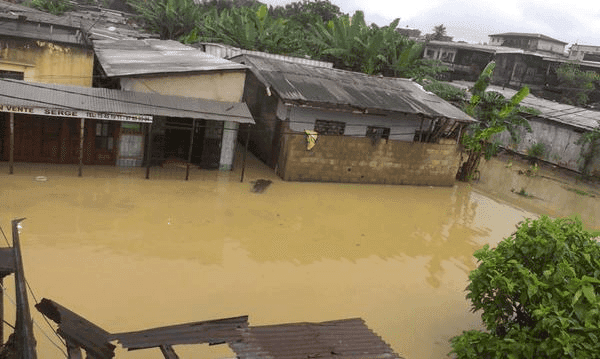 Flooded neighborhood with submerged buildings and muddy water, surrounded by greenery and overcast sky.