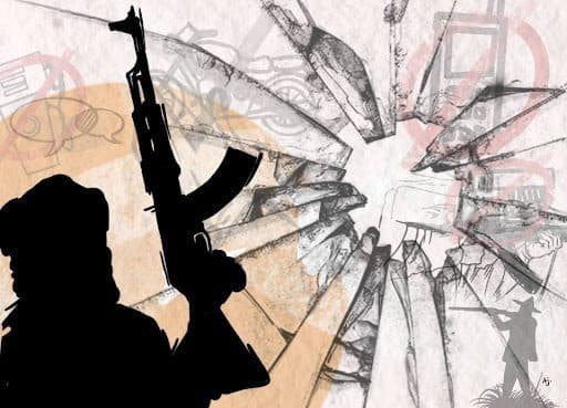 Silhouette of a figure holding a rifle amidst abstract background with jagged shapes and muted colors.