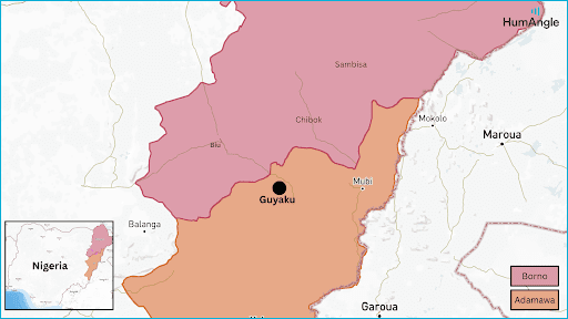 Map highlighting regions in Borno and Adamawa, Nigeria, including Sambisa and Chibok. Inset map shows location within Nigeria.