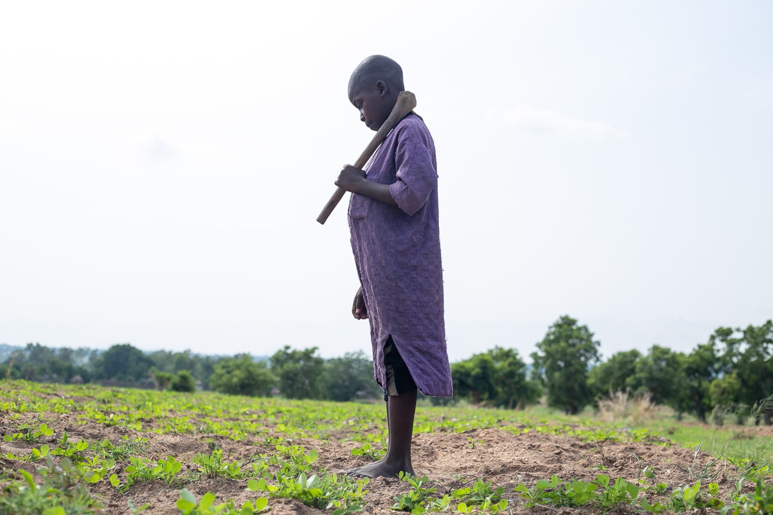 A child stands in a field holding a hoe over their shoulder, against a backdrop of green plants and distant trees.