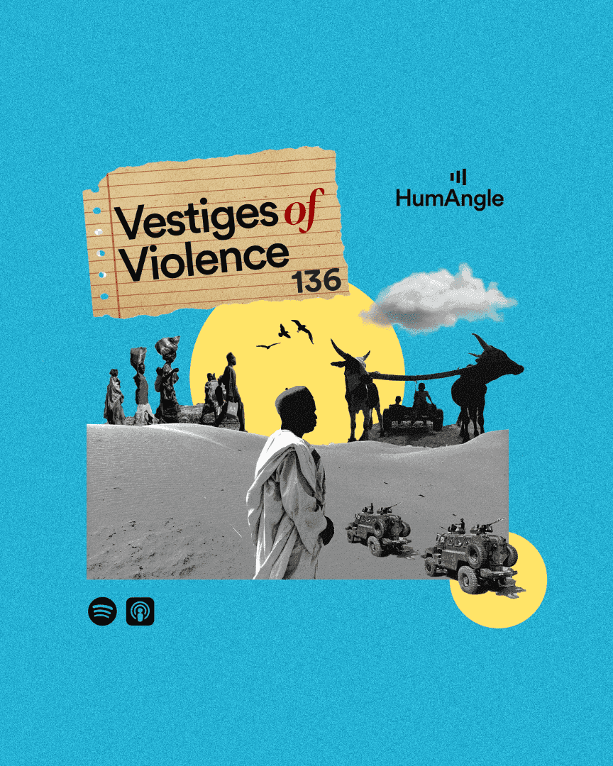 Collage of desert, people, animals, and vehicles under "Vestiges of Violence 136" text on blue background. HumAngle logo visible.