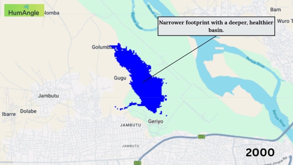 Map of Gerei area in 2000 with a blue water body marked as having a "narrower footprint with a deeper, healthier basin."