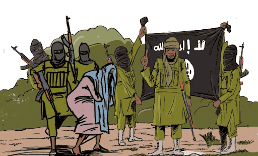 Militants wearing masks, holding weapons and a flag, with one person crouching in front. Background shows greenery.