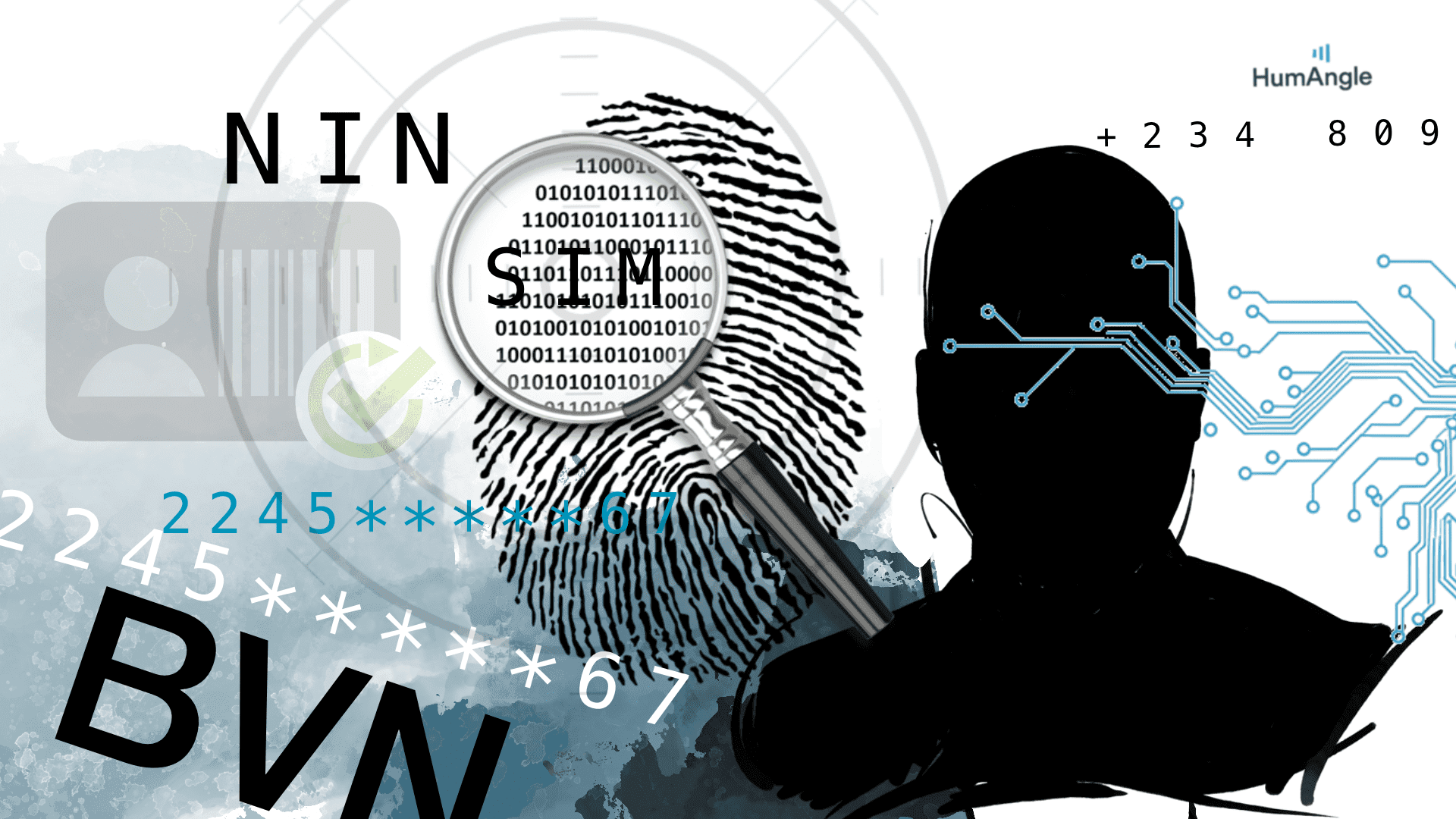 Silhouette with circuit patterns, magnifying glass on fingerprint, SIM, NIN, BVN text, and various numbers.