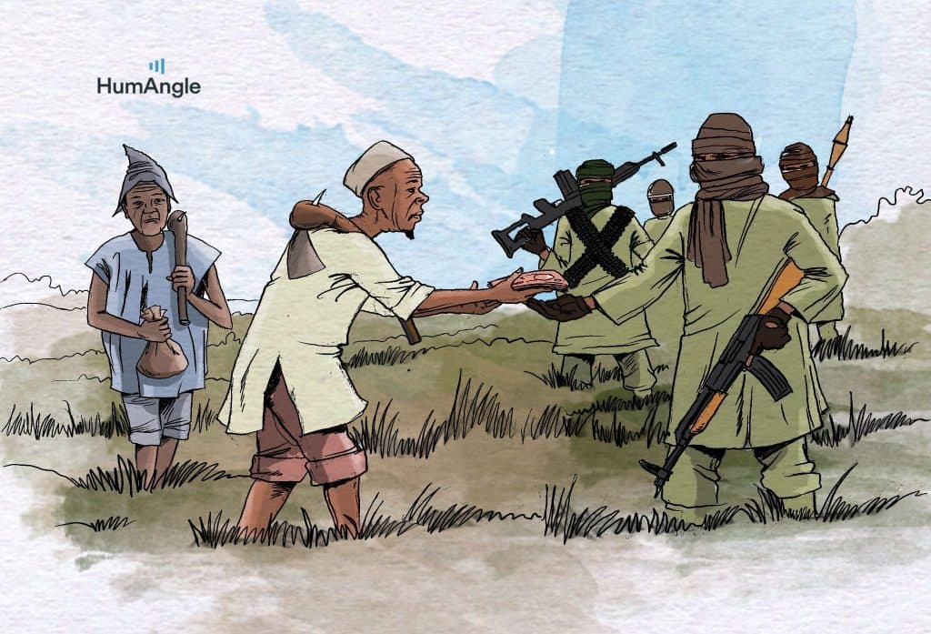 A cartoon shows a man offering bread to armed, masked figures in a grassy field.