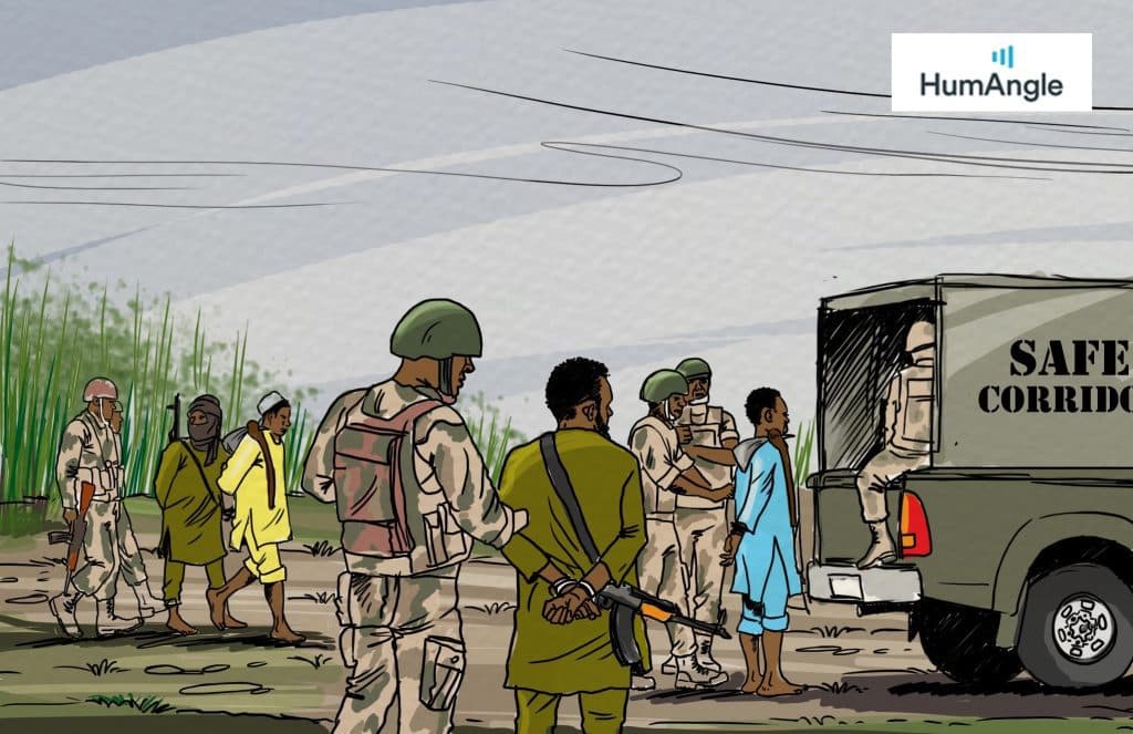 Soldiers escorting civilians to a truck marked "Safe Corridor" in a grassy area, with people walking and talking.
