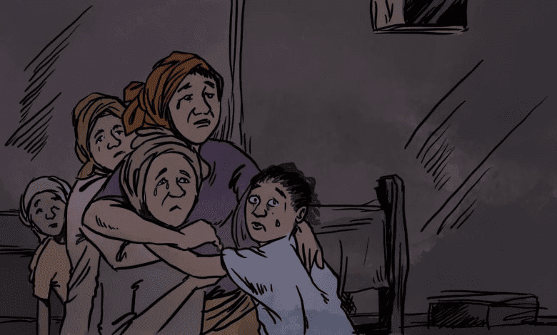A group of four worried people huddles together inside a dimly lit room, their expressions filled with concern.