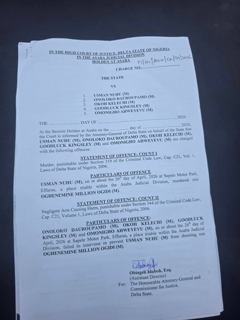Court document from Delta State, Nigeria charging multiple individuals with murder and negligent acts causing harm.