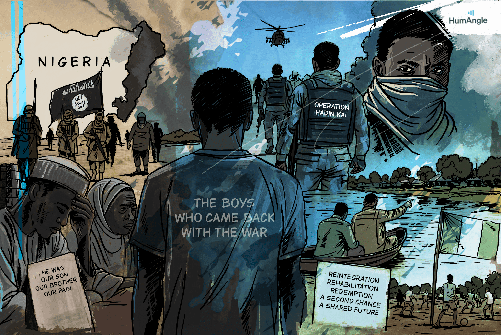 Illustration of conflict and hope in Nigeria, featuring soldiers, civilians, and text about reintegration and second chances.