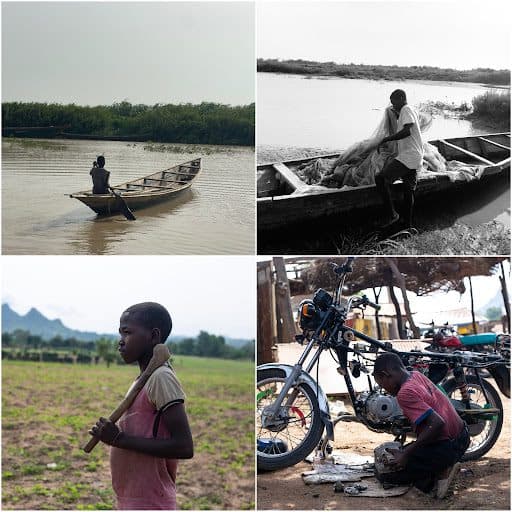 Collage of two boys: one rowing a boat, the other holding a net. Another boy stands with a stick, and a child repairs a motorcycle.