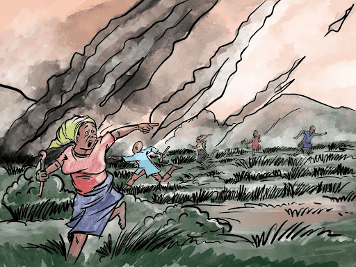 Illustration of people running from an erupting volcano, ash and rocks in the sky, a woman pointing with urgency in the foreground.