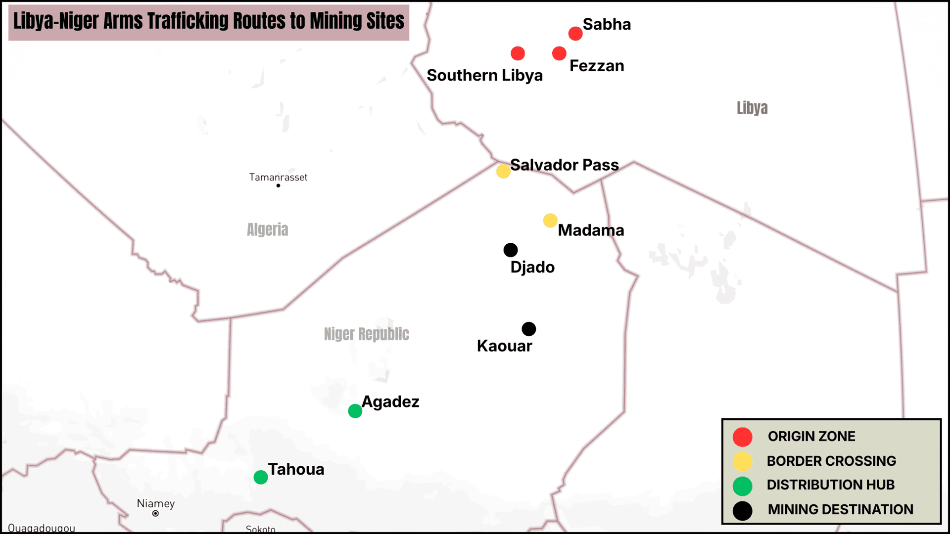 Map of Libya-Niger arms trafficking routes to mining sites, showing origin zones, border crossings, distribution hubs, and mining destinations.