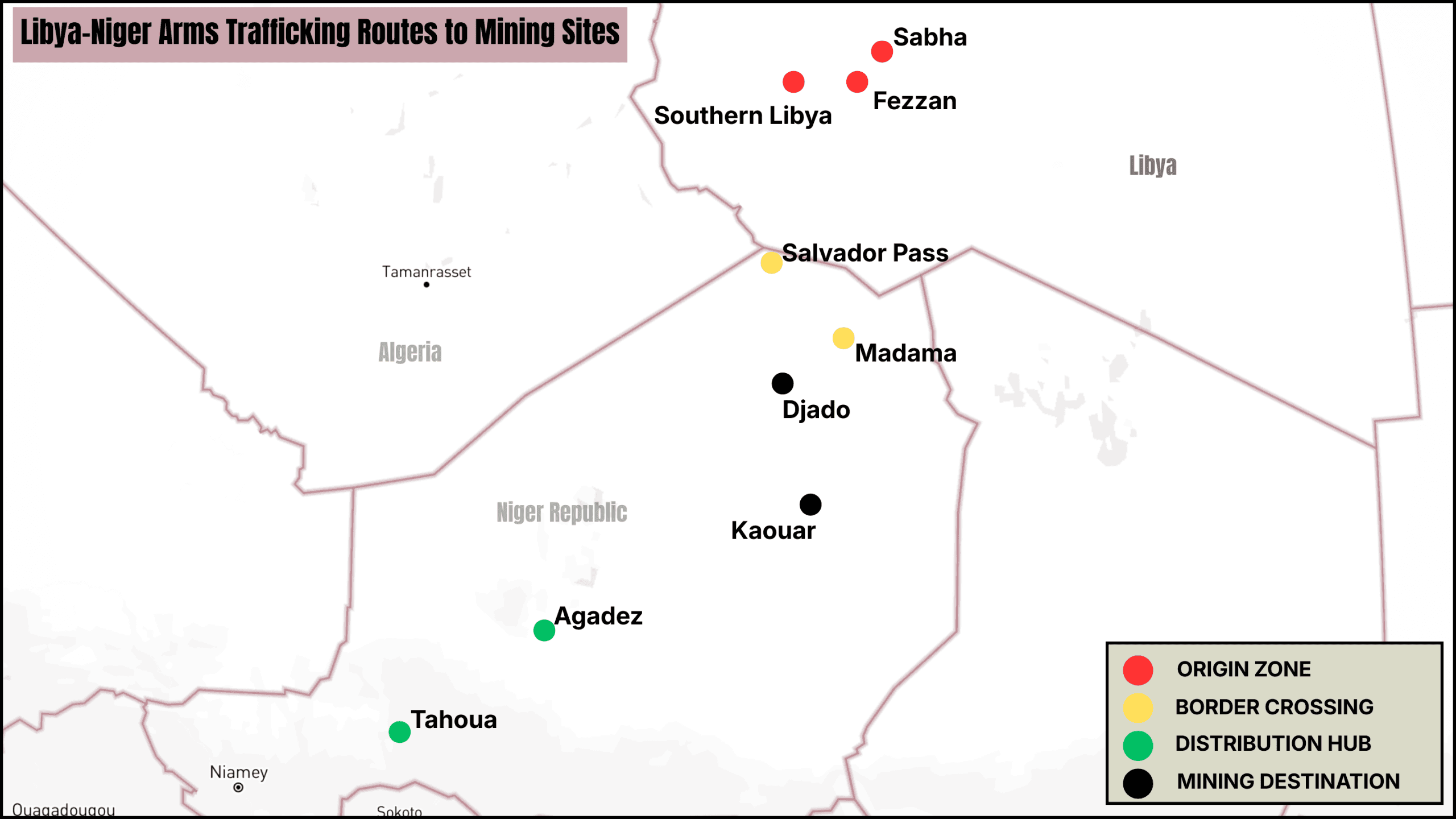 Map of Libya-Niger arms trafficking routes to mining sites, showing origin zones, border crossings, distribution hubs, and mining destinations.