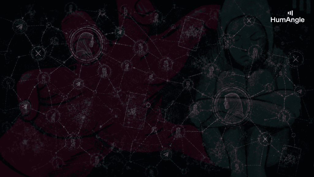 Dark abstract image with connected nodes featuring a woman in profile. Background figures and tech symbols.