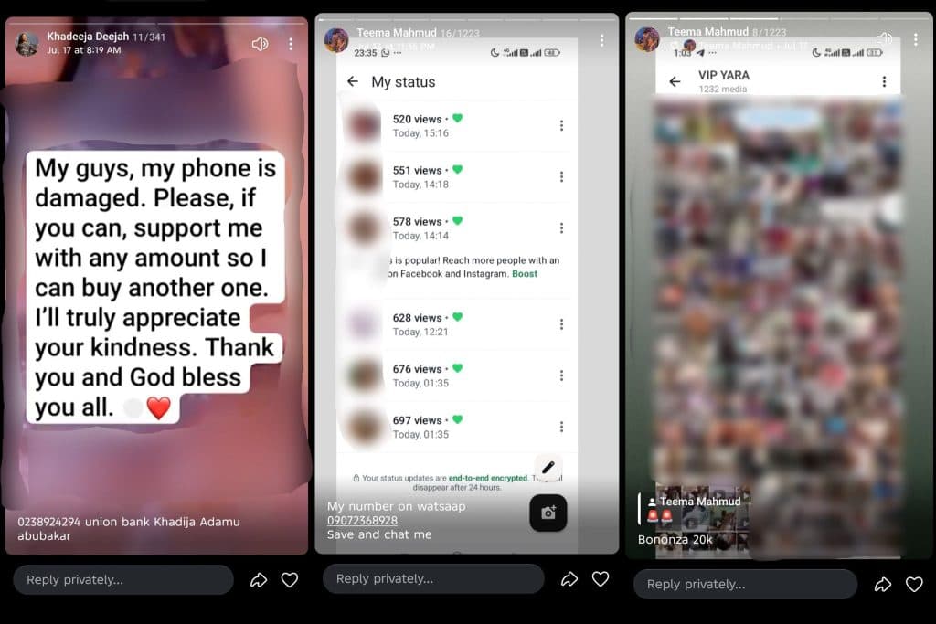 Text message requesting support for a damaged phone, with social media status views and blurred images.