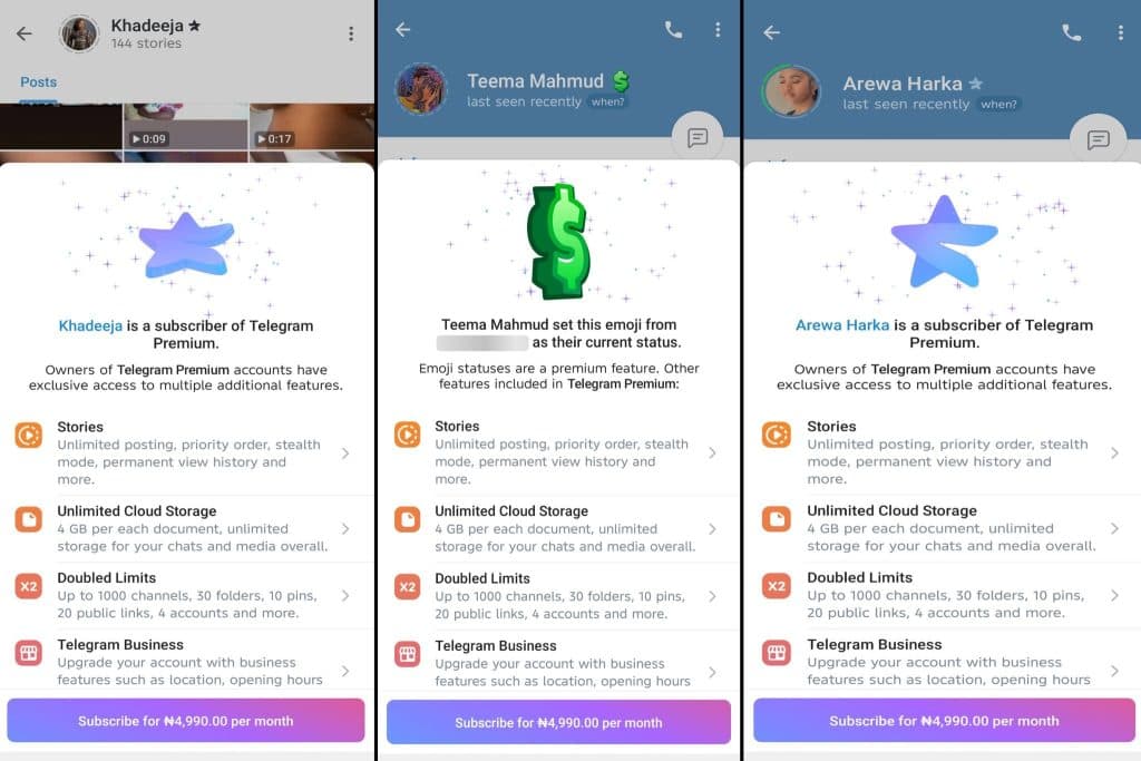 Three Telegram Premium subscribers with perks like unlimited cloud storage, doubled limits, and more, shown with pricing.