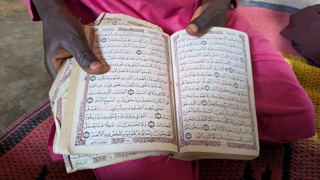 Person holding an open book with Arabic text, wearing pink clothing.