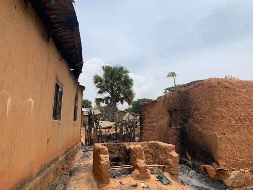 Rural landscape with clay buildings, a dirt path, distant trees, and a cloudy sky.