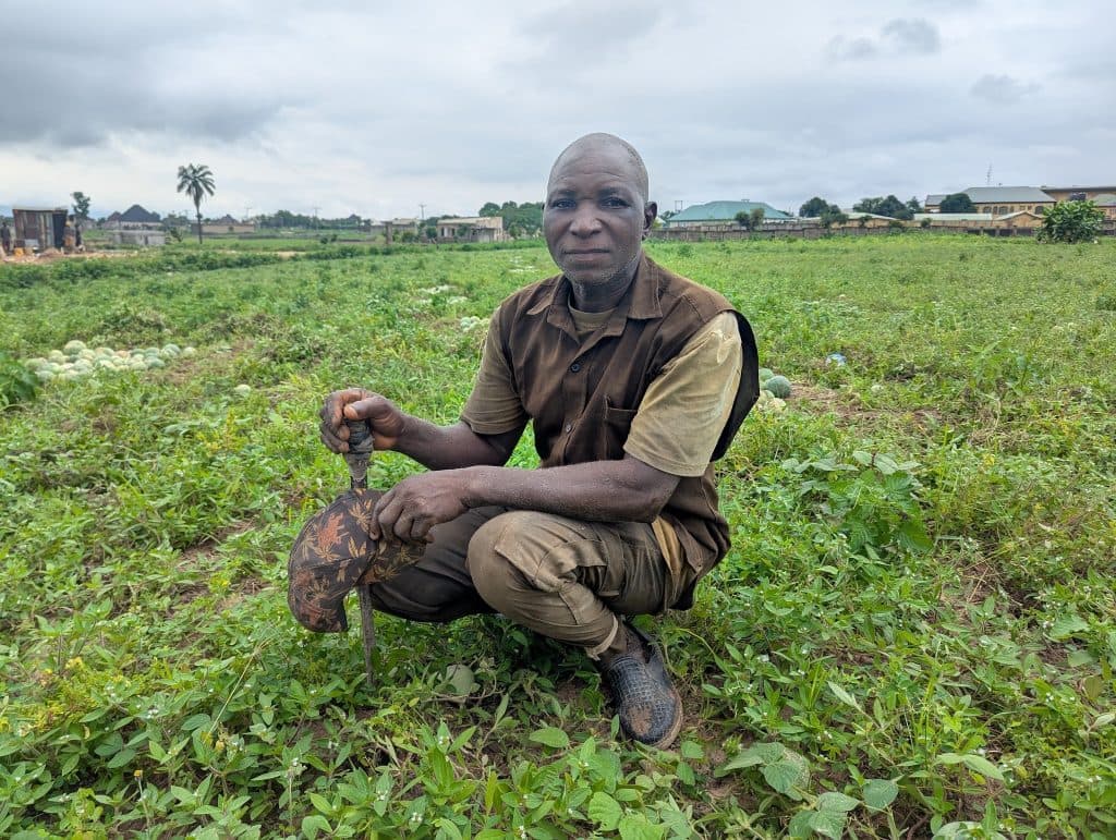 A person squats in a green field, holding a cap and a tool, with more open land, buildings, and cloudy skies in the background.