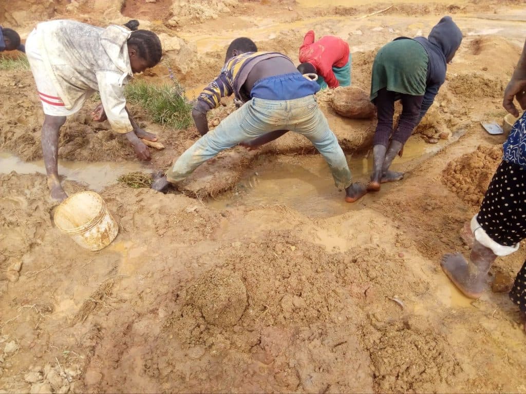 People working in muddy conditions, using tools and a bucket, digging in wet soil.