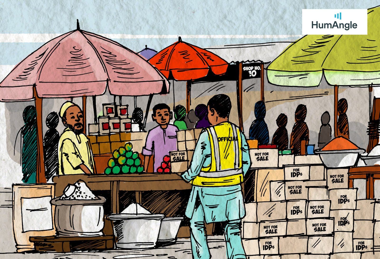 IDPs receiving aid in a camp/HumAngle Illustrations