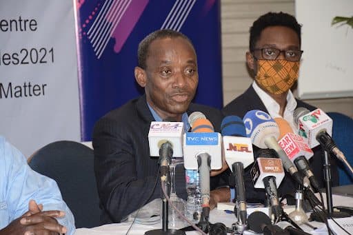 Dr Sam Amadi, speaking at a CDD press briefing in Abuja. Photo Credit: Bernard Daniel/HumAngle.