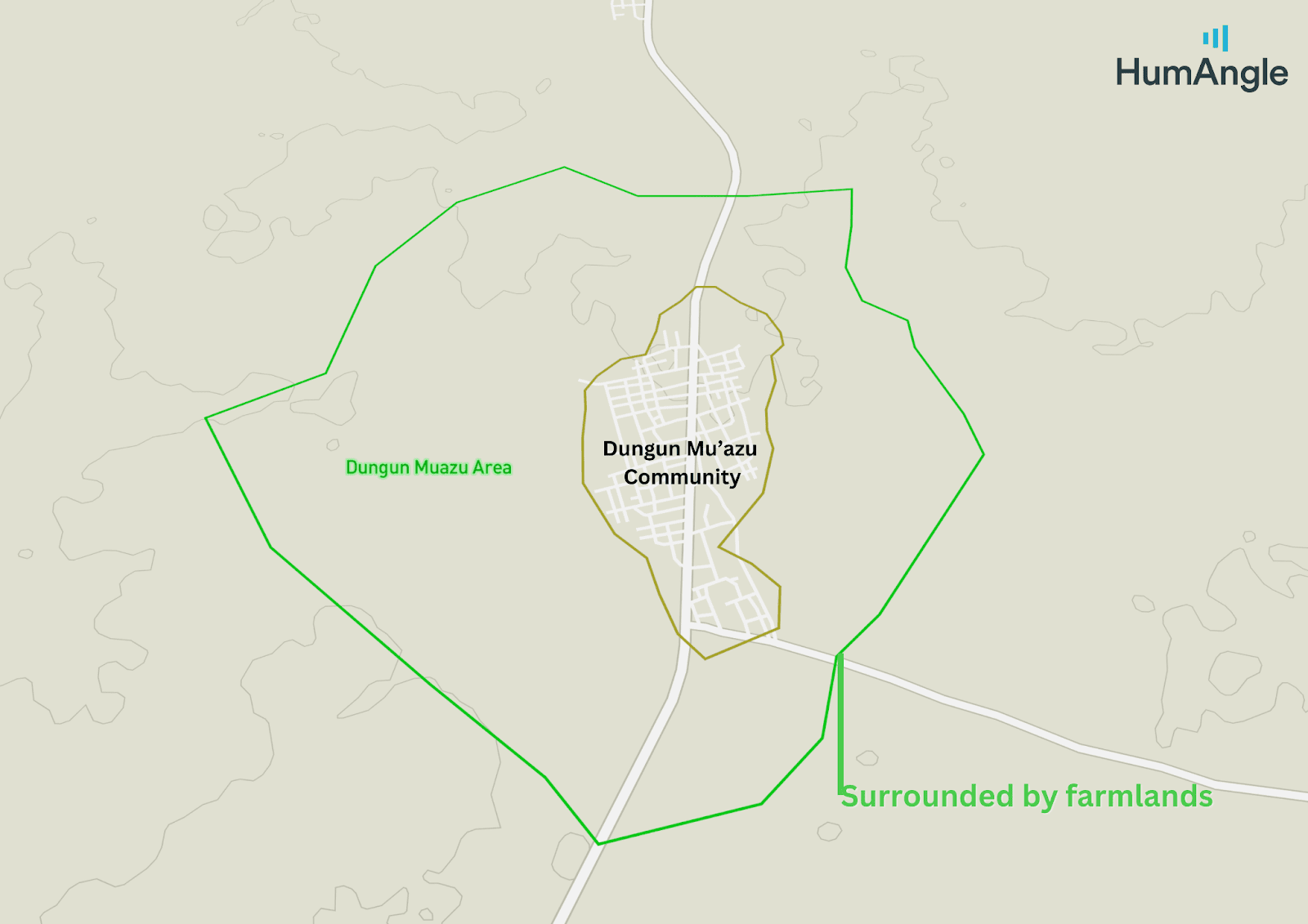 Dungun Mu’azu is a small locality in Sabuwa, Katsina state. The town is surrounded by an estimated 500 hectares of agricultural land. Underscoring it as a predominantly farming community. Map illustration by Mansir Muhammed/HumAngle
