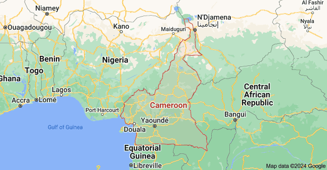 A Map cut out of Cameroon (in red). Photo credit: Google Maps