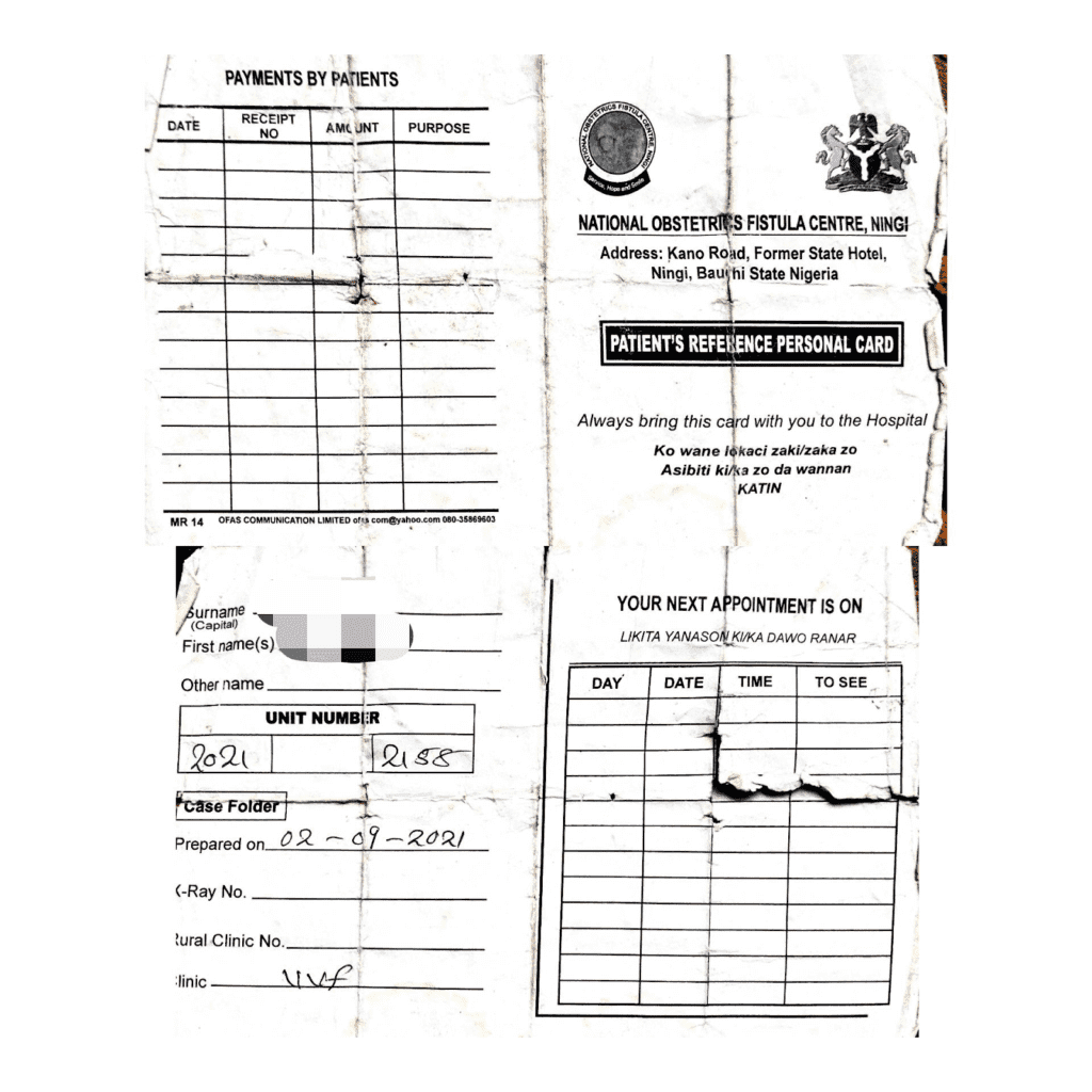 Torn and stained patient reference card from National Obstetrics & Fistula Centre, Ningi, with personal information redacted and visible appointment details.