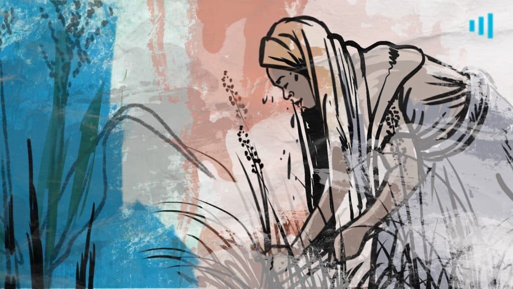 Artistic depiction of a person bending over in a colorful, abstract nature scene.