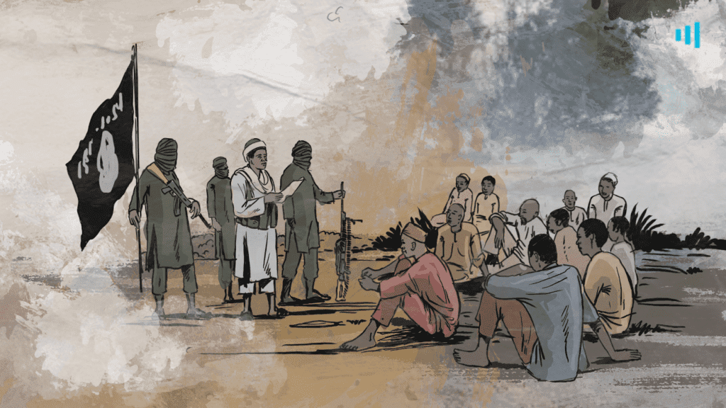 Illustration of armed figures with a flag talking to a group of civilians in a distressed setting.