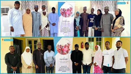A collage of two photos showing groups of people posing together with a HumanAngle visual in the center.