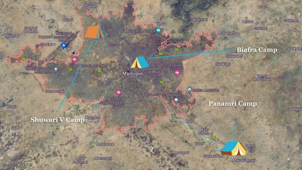 Satellite map with marked locations, tents symbolizing camps, and red dotted borders around Maiduguri, Nigeria.