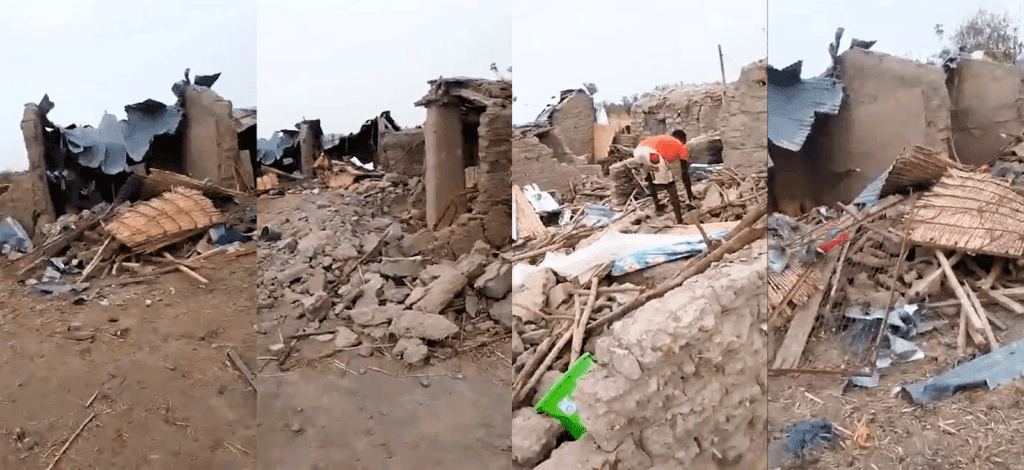 Ruined mud houses with debris scattered around as locals attempt to recover belongings.