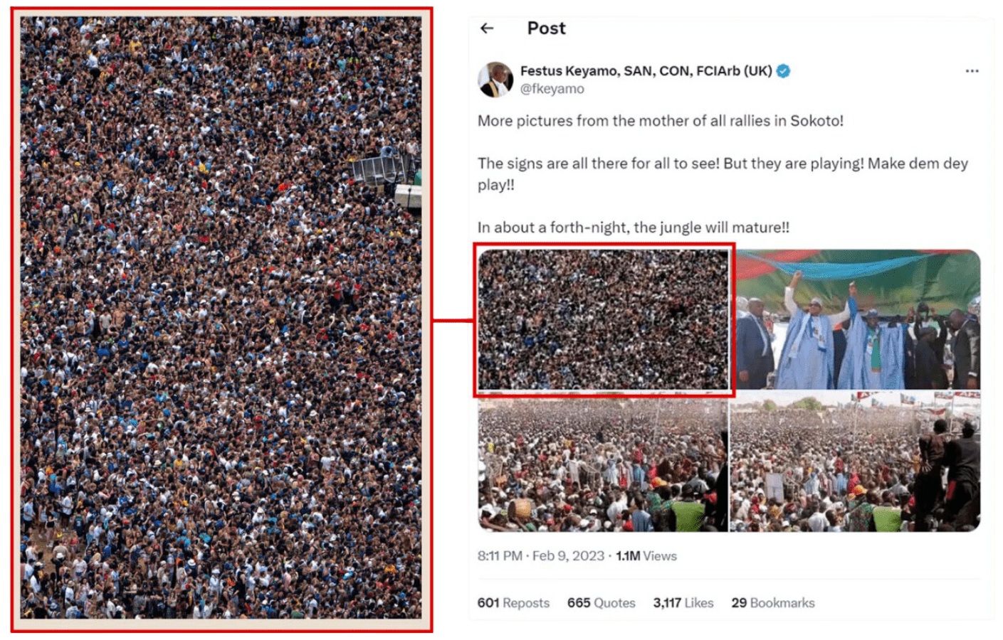 A dense crowd of people at a political rally with a close-up and a stage view.