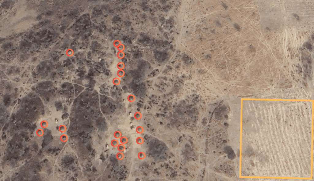 Aerial view of a landscape with red circles highlighting specific areas, and an inset showing a detailed texture.