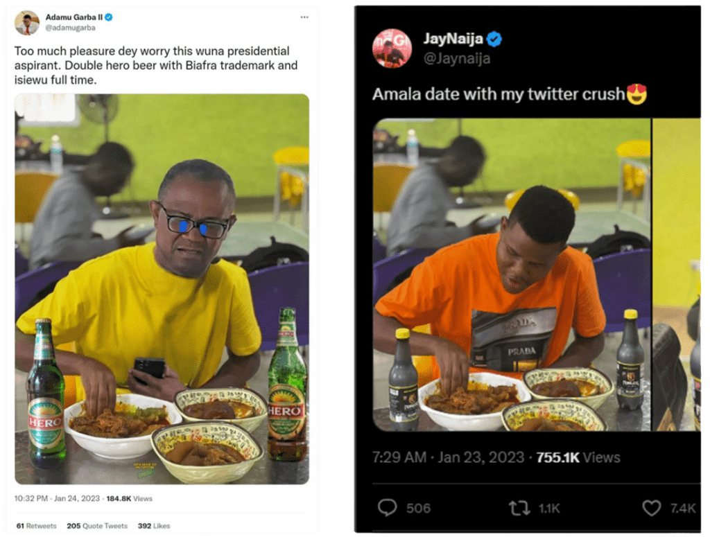 Two men eating in a restaurant, each with a bowl of food and bottles of Hero beer on the table.