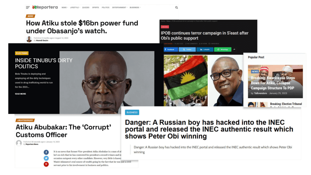 Screenshot of a news website with articles on Nigerian politics, including election-related controversies.