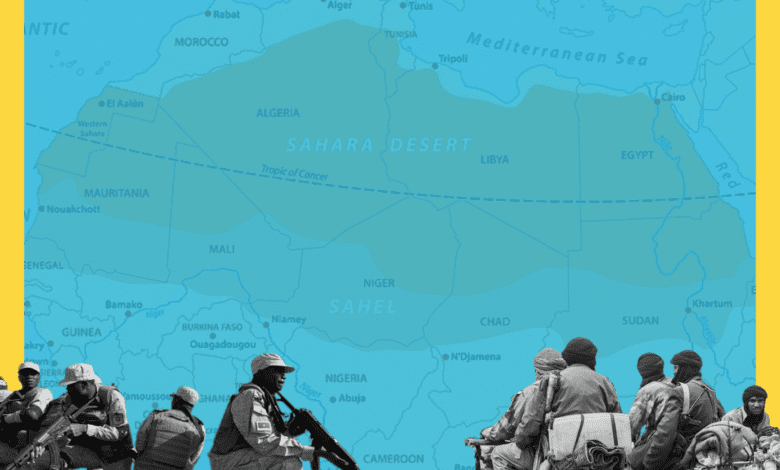 Map of Sahara and Sahel regions with overlay of soldiers in the foreground.