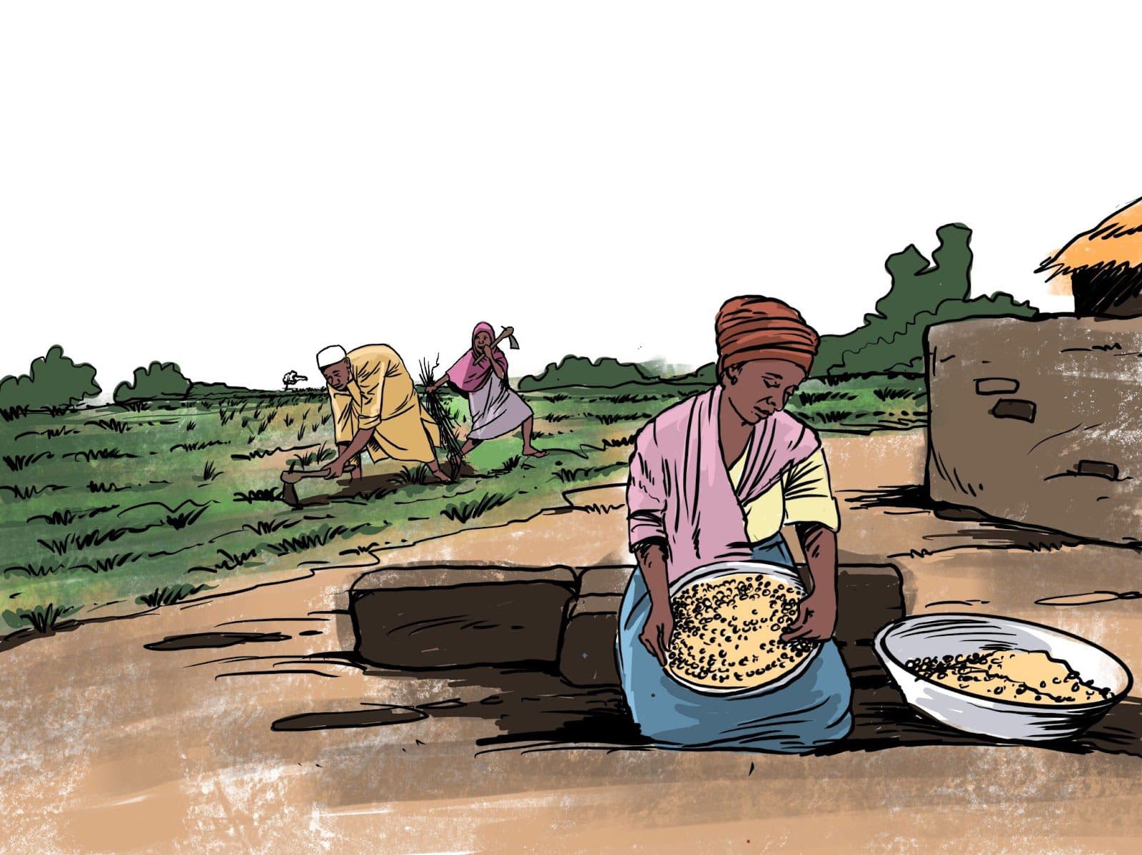 Illustration of rural farming scene with one person sifting grain and two others tilling the field.